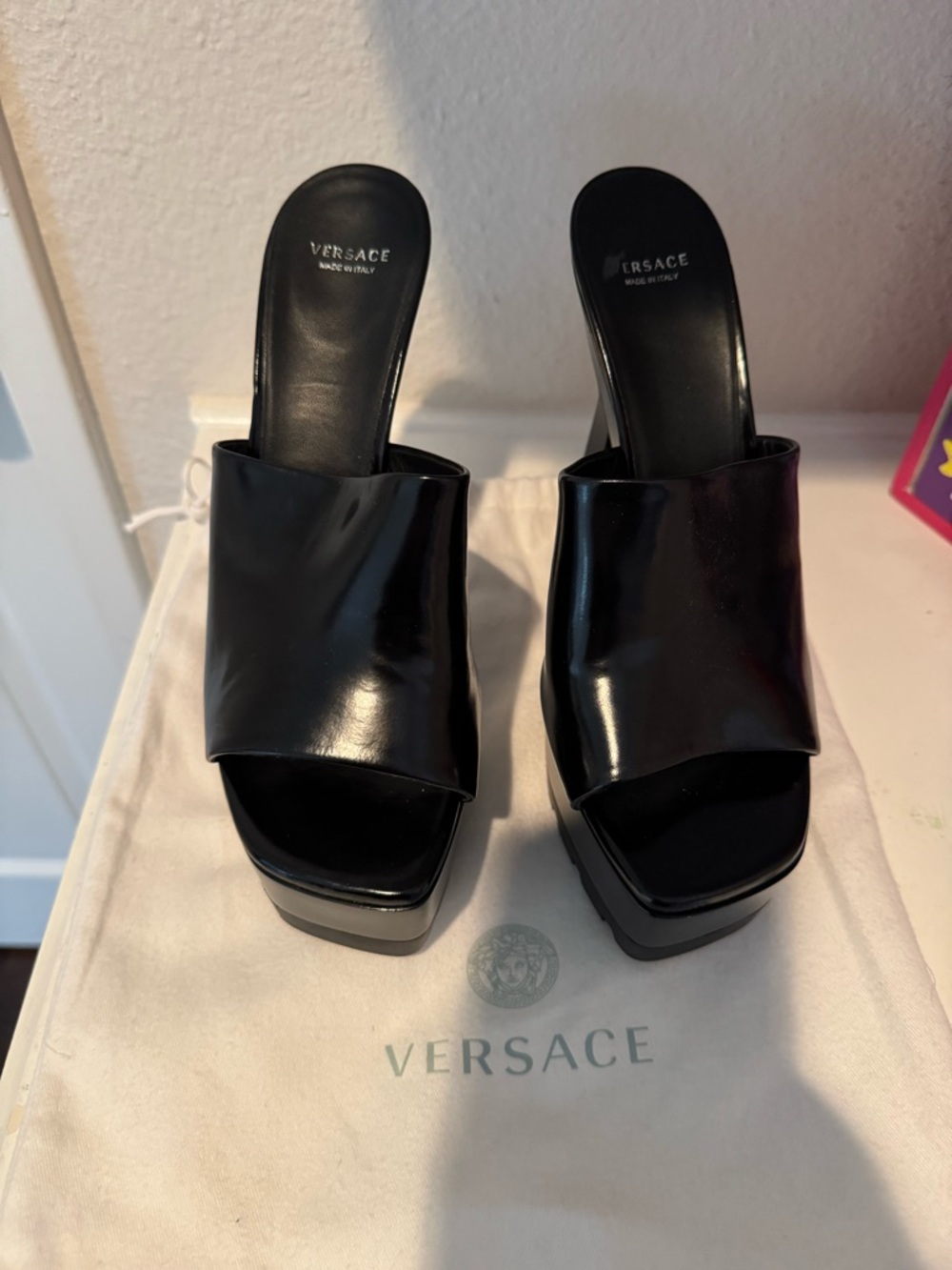 Versace Black Patent Platform Mule Sandals - Picture 2 of 6